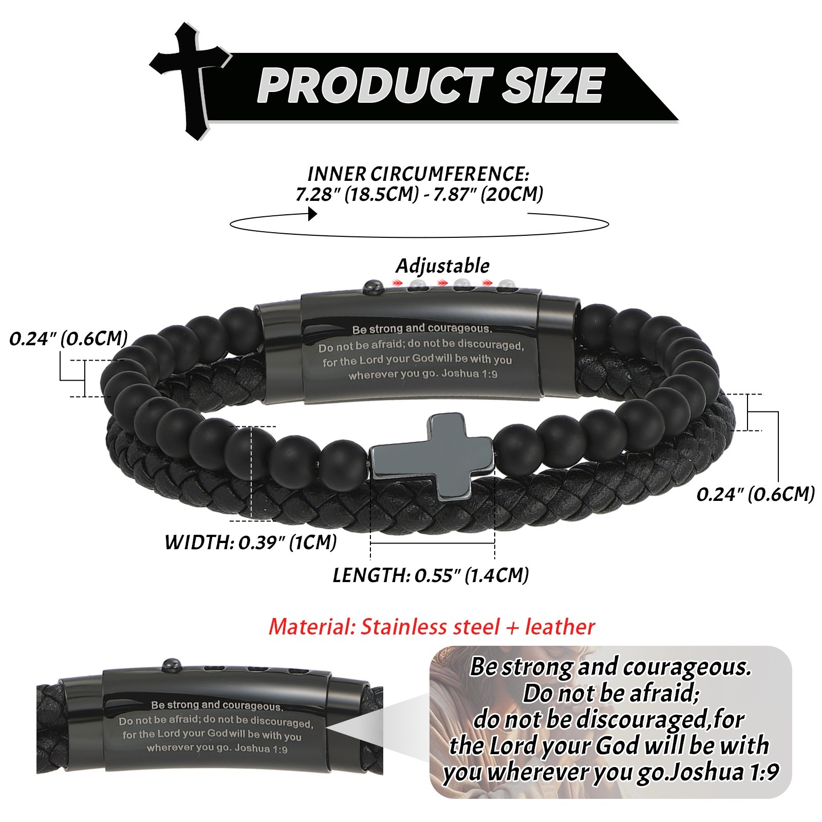 Men’s Inspirational Bible Verse Cross PU Leather Bracelet Braided Christian Cuff