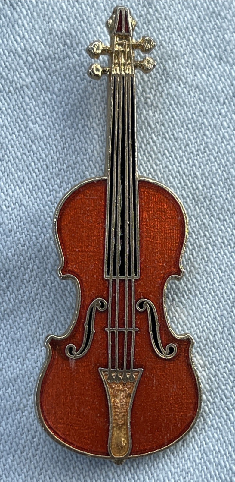 Vintage Violin Brooch Signed Enamel Pin Cello Future Primitive Made In USA 1988