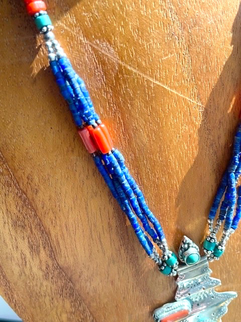Vintage Sterling Nepalese Necklace Turquoise, Lapis Coral 17.0″ Length 24 gms