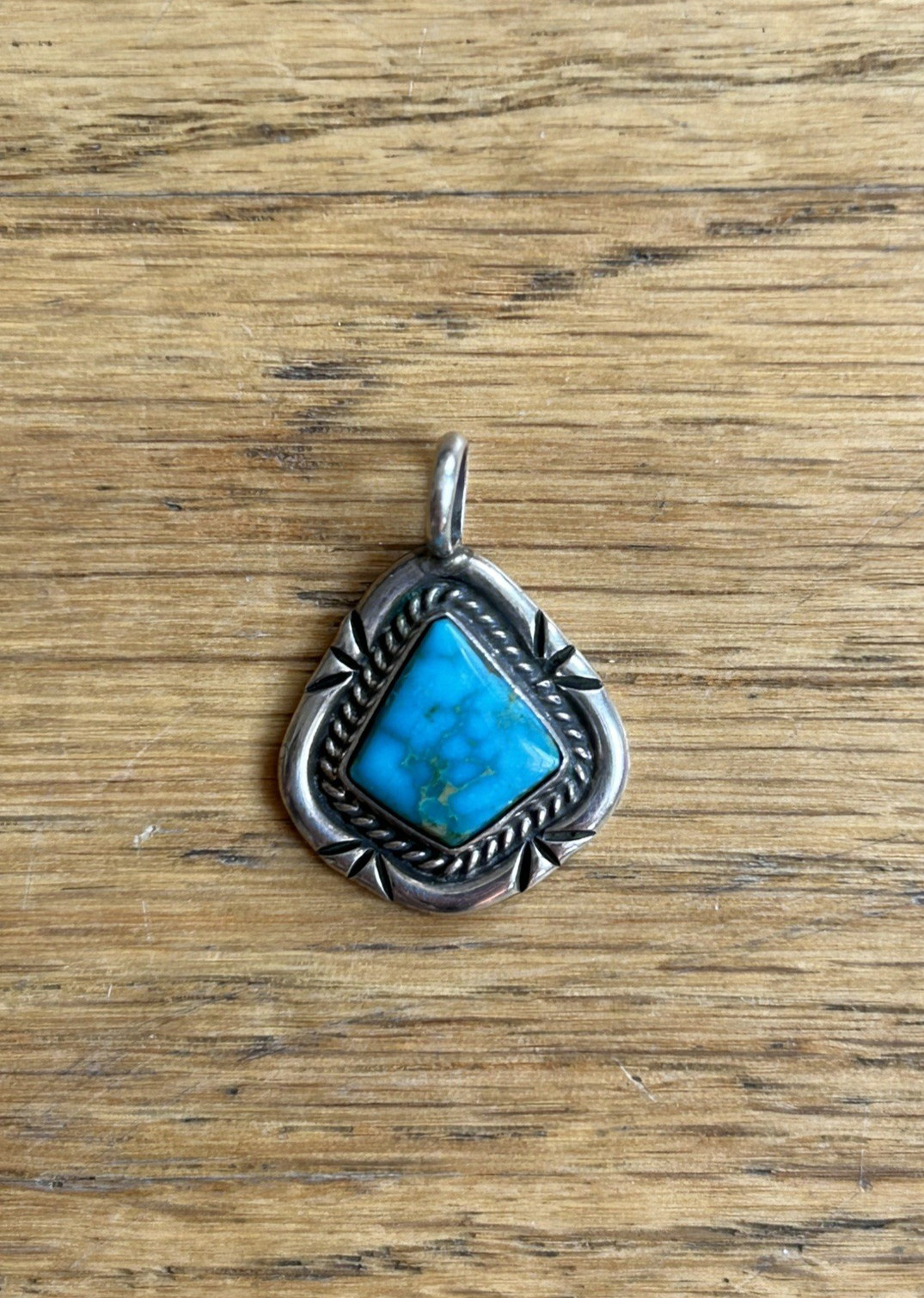 Vintage Sterling Silver Turquoise Petite Handmade Geometric Teardrop Pendant 4g