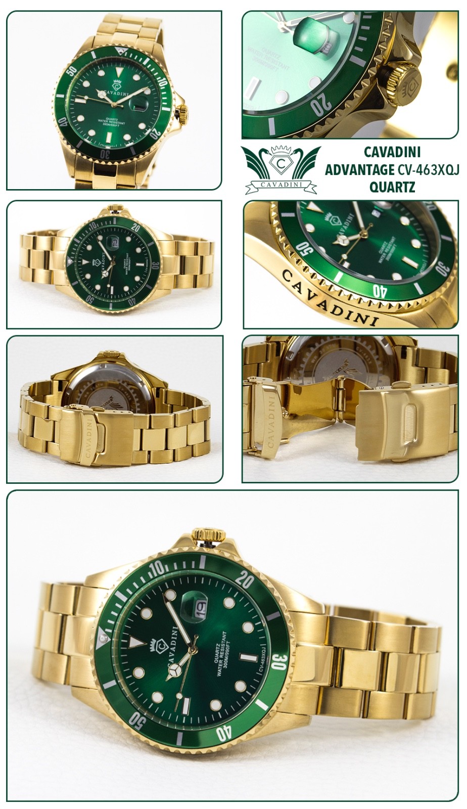 Men’s Watch CAVADINI ADVANTAGE Diver Quartz Movement 30bar Solid Stainless Steel 45mm Green