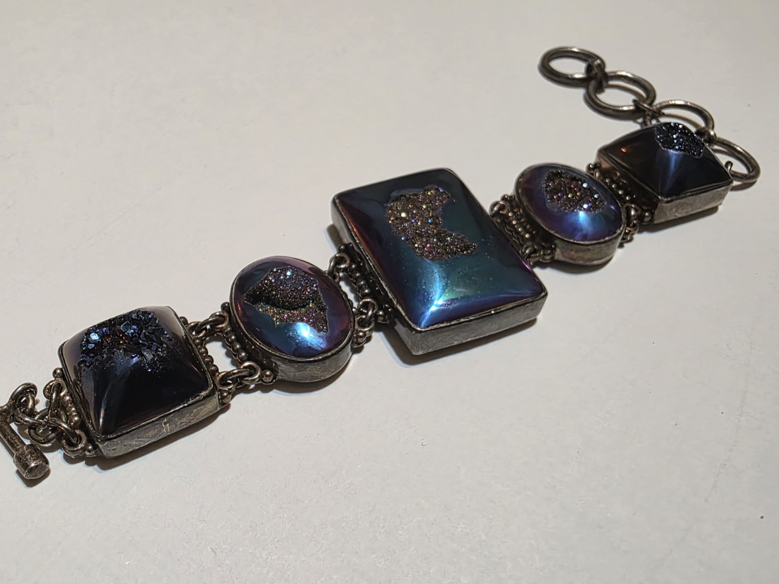 Signed SAJEN 925 Sterling Silver Chalcedony Amethyst Druzy Quartz Bracelet 45g