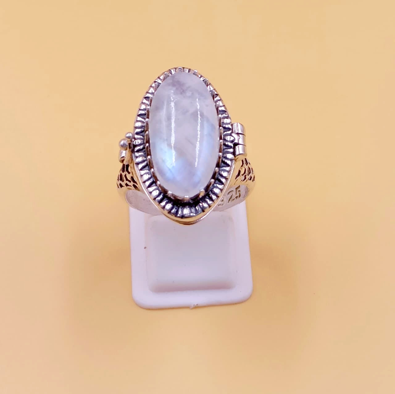 Handmade Natural Moonstone Poison Ring in 925 Sterling Silver Box Ring Design
