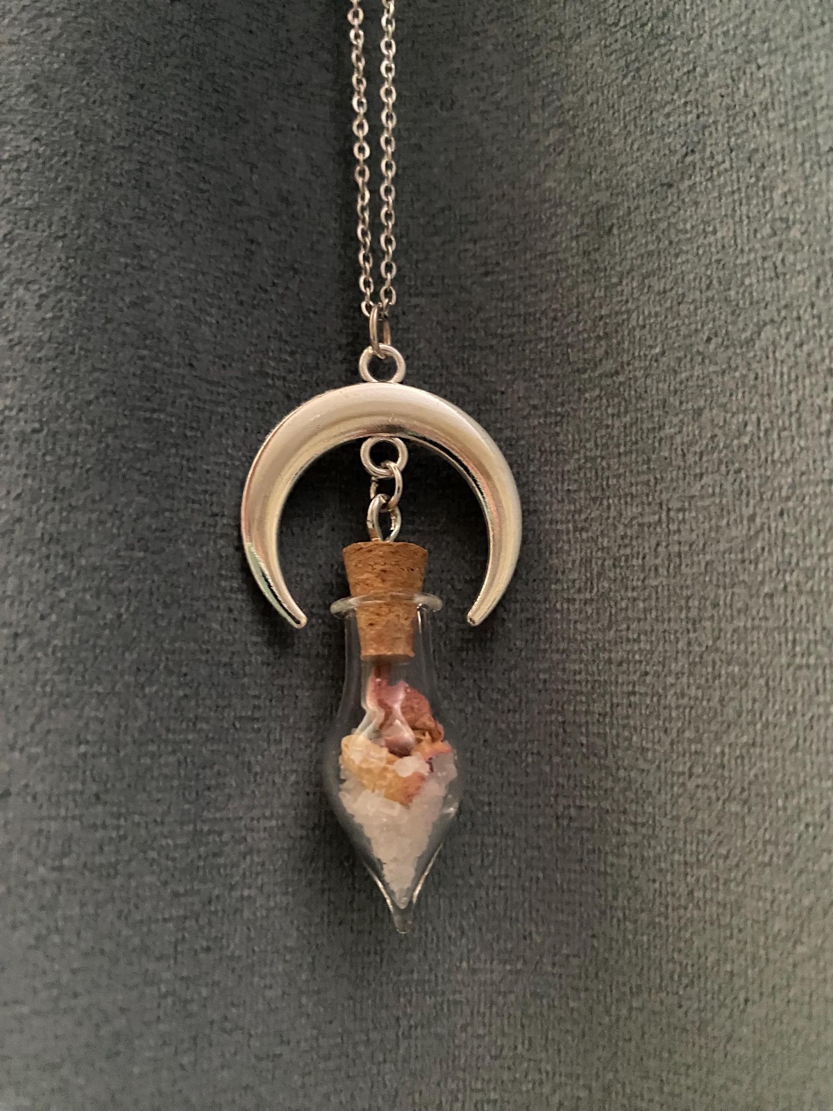 Crescent Moon Necklace Vial of Salt and Rose Petals Love Protection