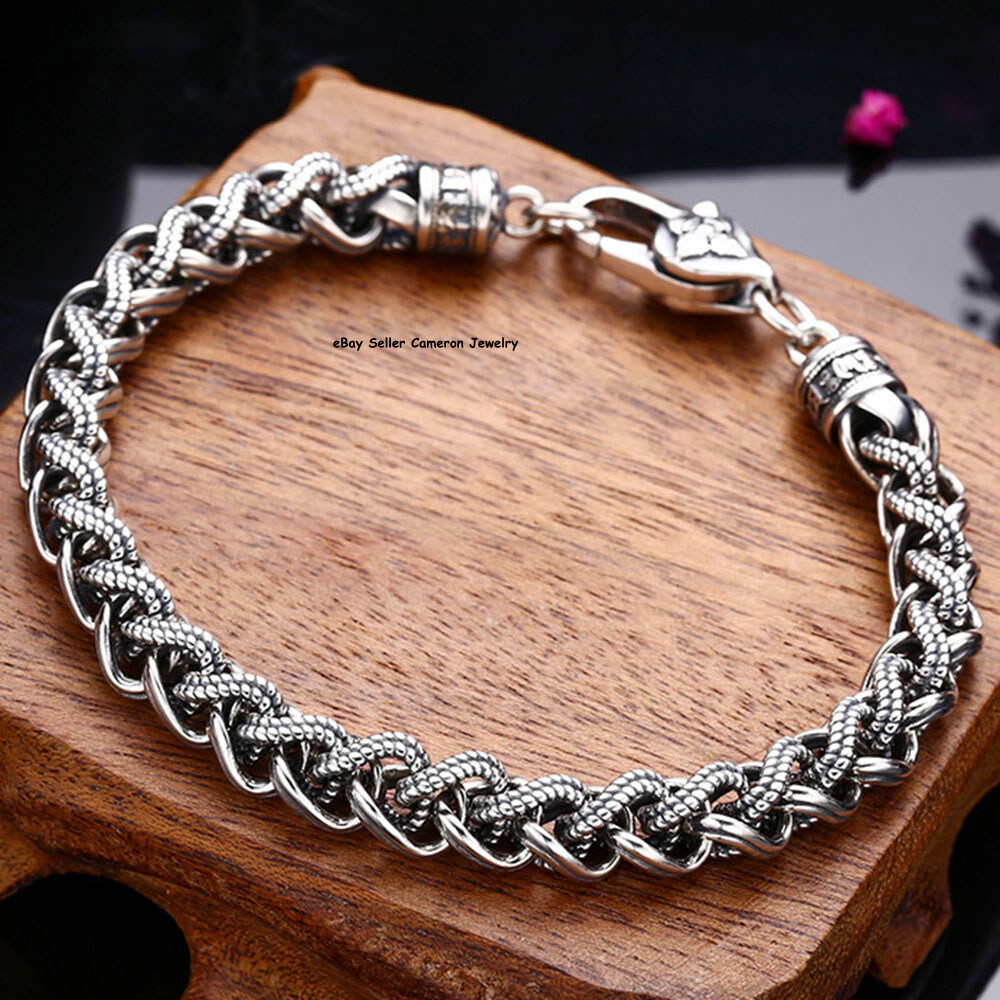 RealS925 Sterling Silver Chain Men Women 7mm Wheat Link Bracelet 29-30g 7.9inch