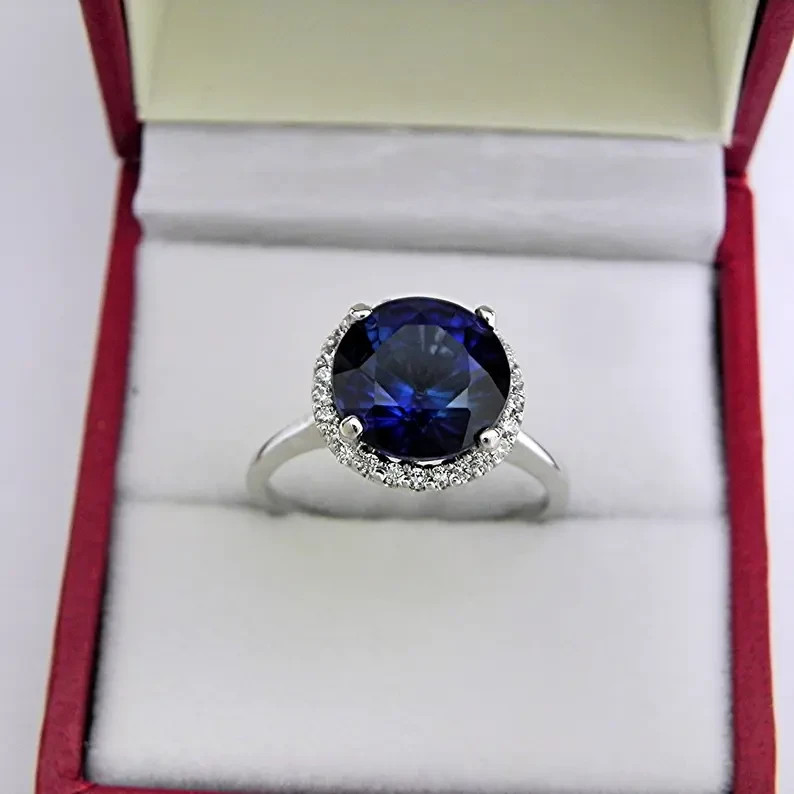 4.30 Ct Round Cut Natural Sapphire Diamond Engagement Ring 14K White Gold Size 8
