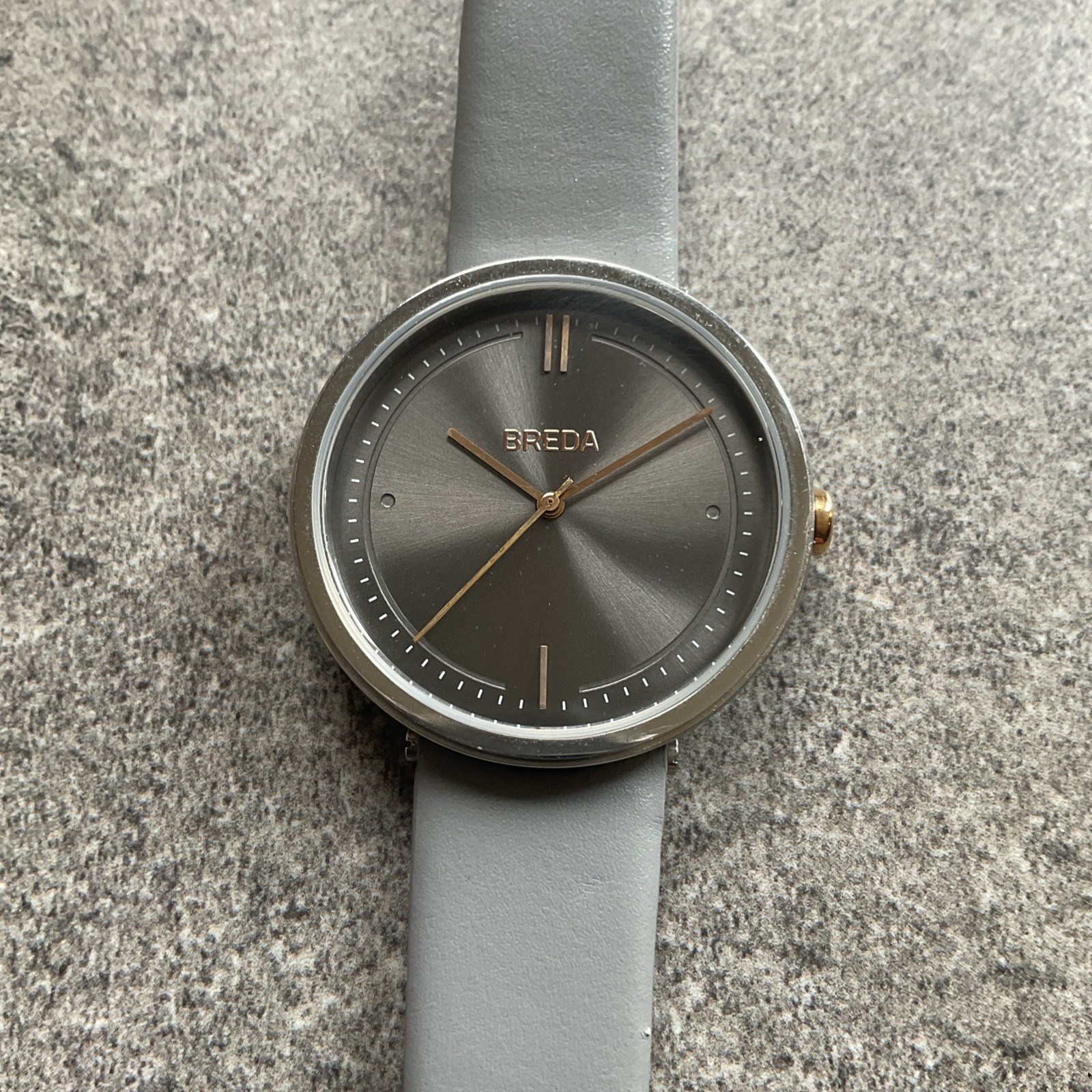 Breda Womens Watch 34mm Silver Tone Case Gray Leather Band Bin Z