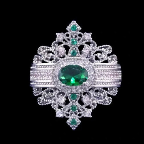 Authentic Vintage Style Wedding Ring Silver Plated 2.12 Ct Simulated Emerald