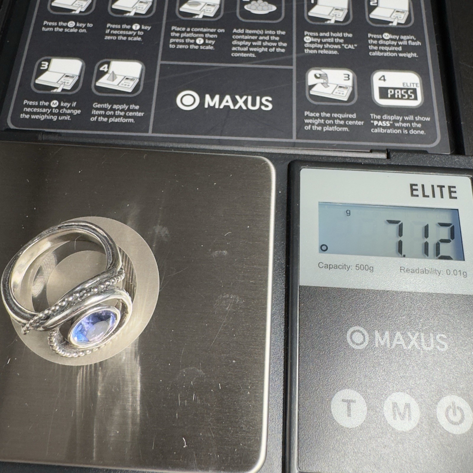 925 PZ Israel Sterling Double Band Ring w/ Faceted Iolite Gemstone Sz 8