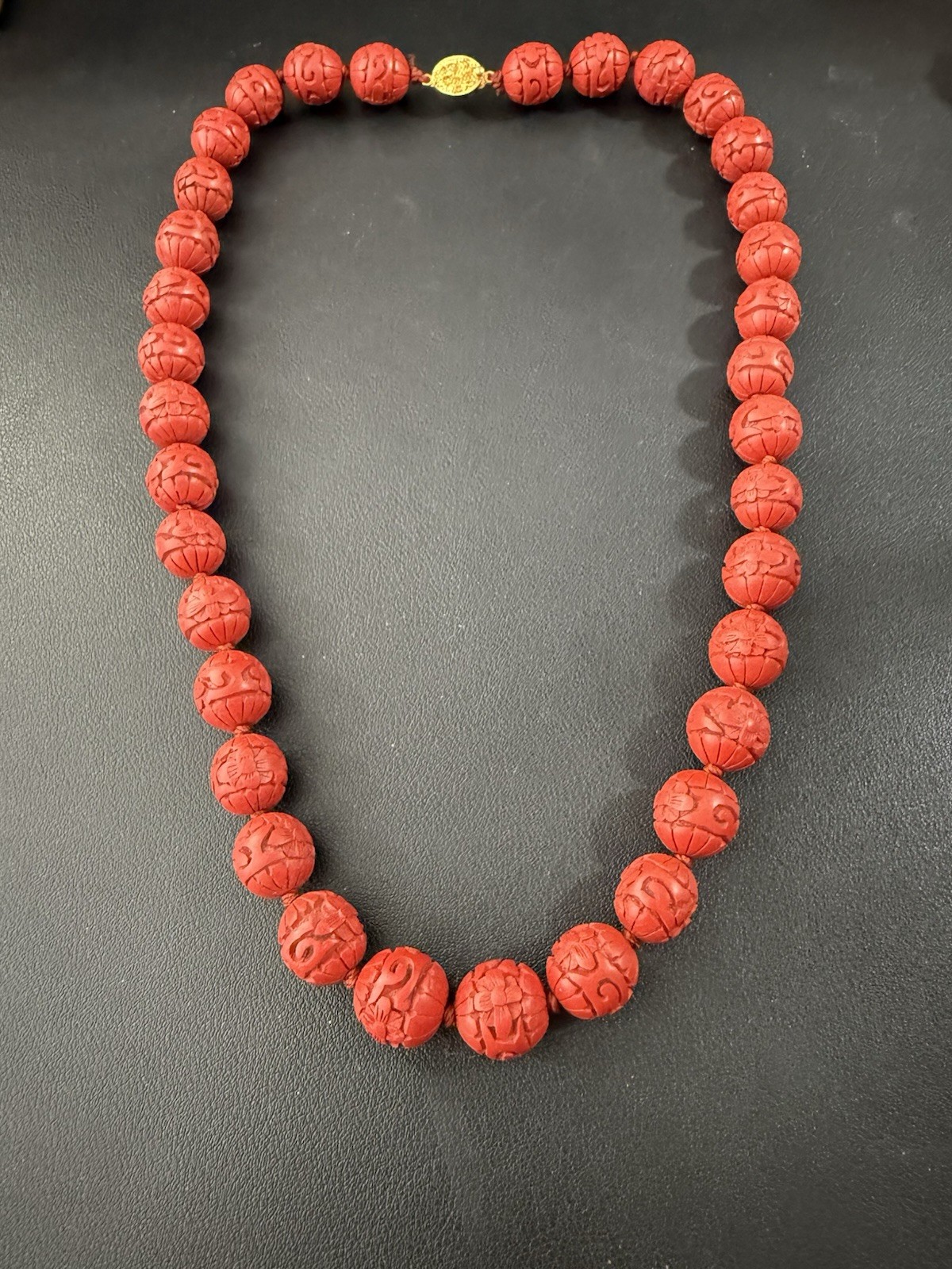 Vintage Chinese Export 24″ Necklace Hand Carved Red Cinnabar Lacquer Beads H12