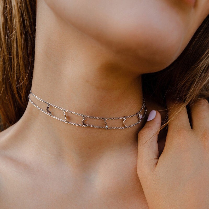 Pura Vida Cosmos Galaxy Moon Star Charms Choker Necklace Silver New
