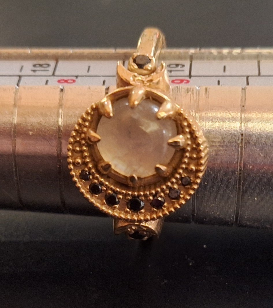 Solid 14K Yellow Gold Moonstone Black Diamond Crescent Phases of the Moon Ring