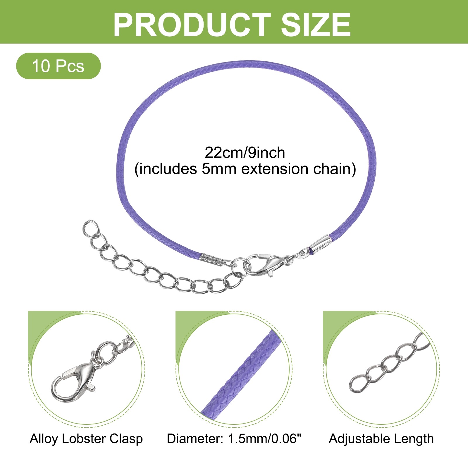 10 PCS Light Purple Bracelet Cord, 9″ 1.5mm Cord with Clasp for Bracelet