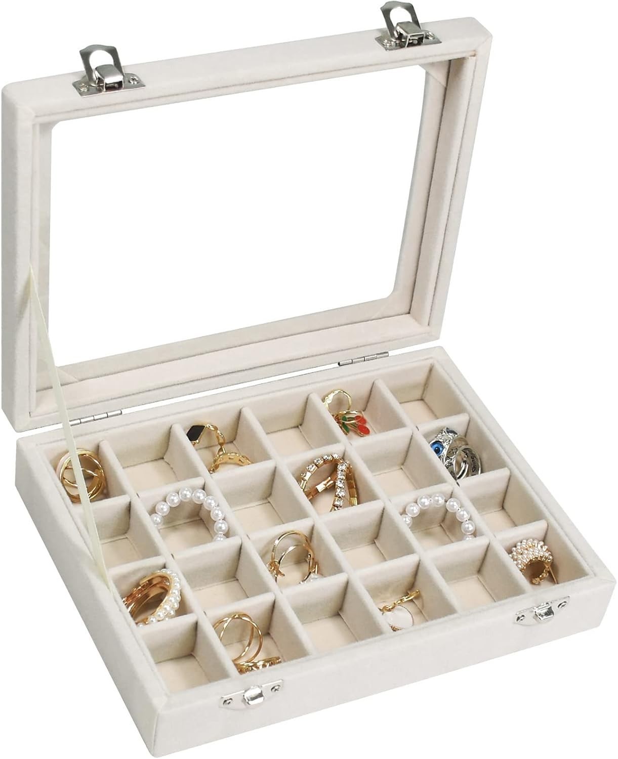 Portable Velvet Jewelry Box with Glass Lid – 24-Grid Holder for Accessories