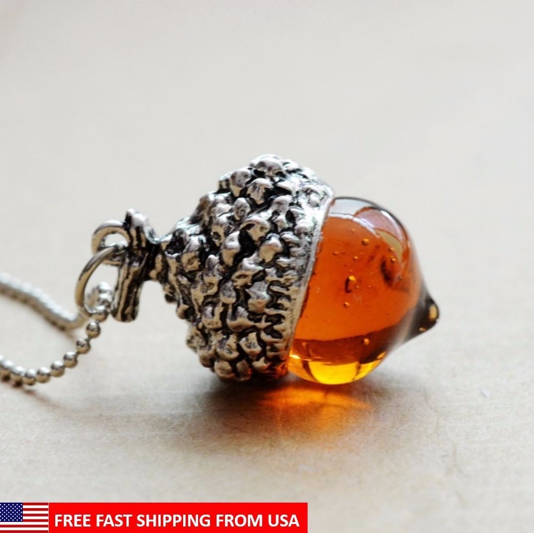 Glaze Glass Acorn Necklace Pendant Antique Silver with Long Chain – Ships Fast!
