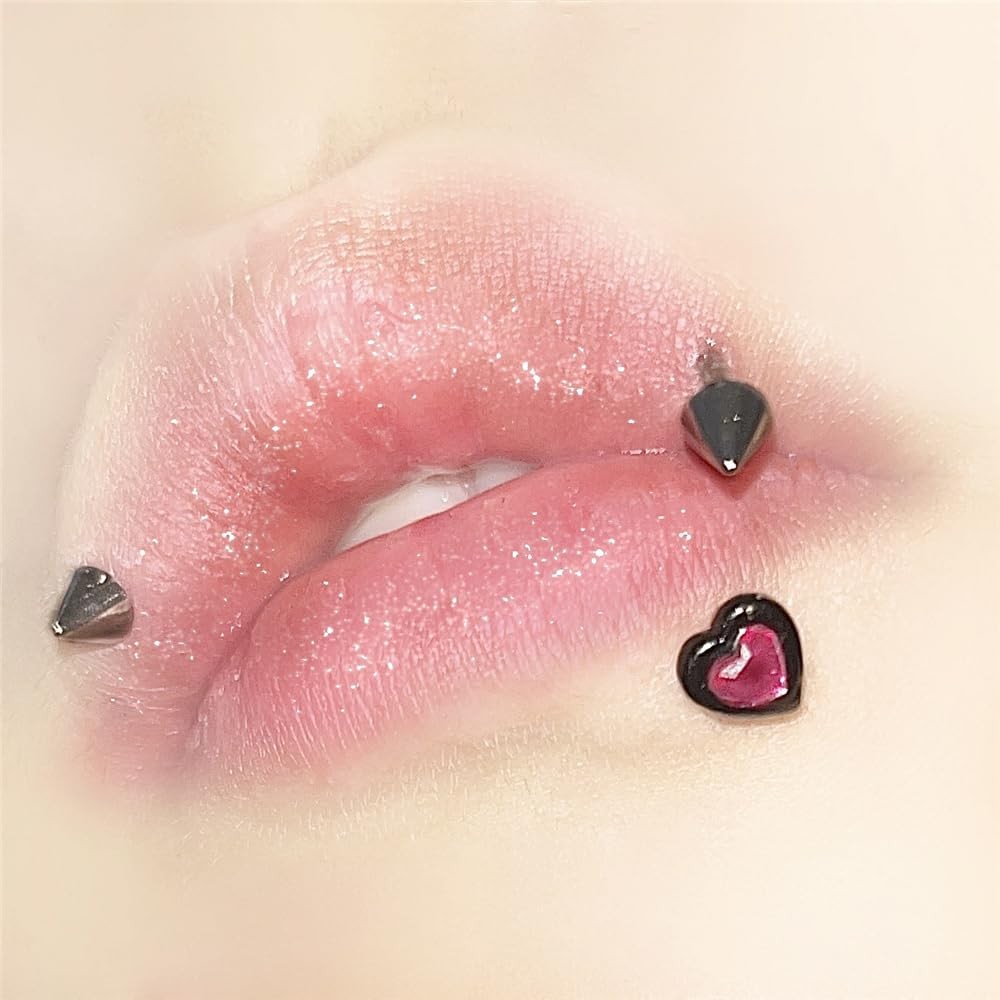 2Pcs 16G Pink CZ Heart Labret Monroe Lip Rings Studs 316L Surgical Steel Blac…