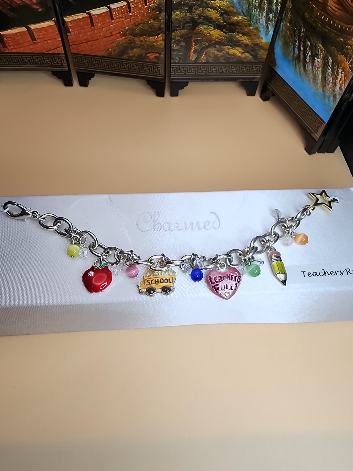 AJMC Signed Teacher’s Care Silver Tone Bracelet Apple Pencil School Bus