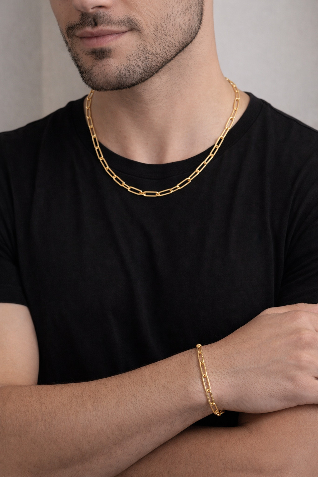 Italian 1/200 14k Yellow Gold Overlay Paperclip Chain Necklace Bracelet Set