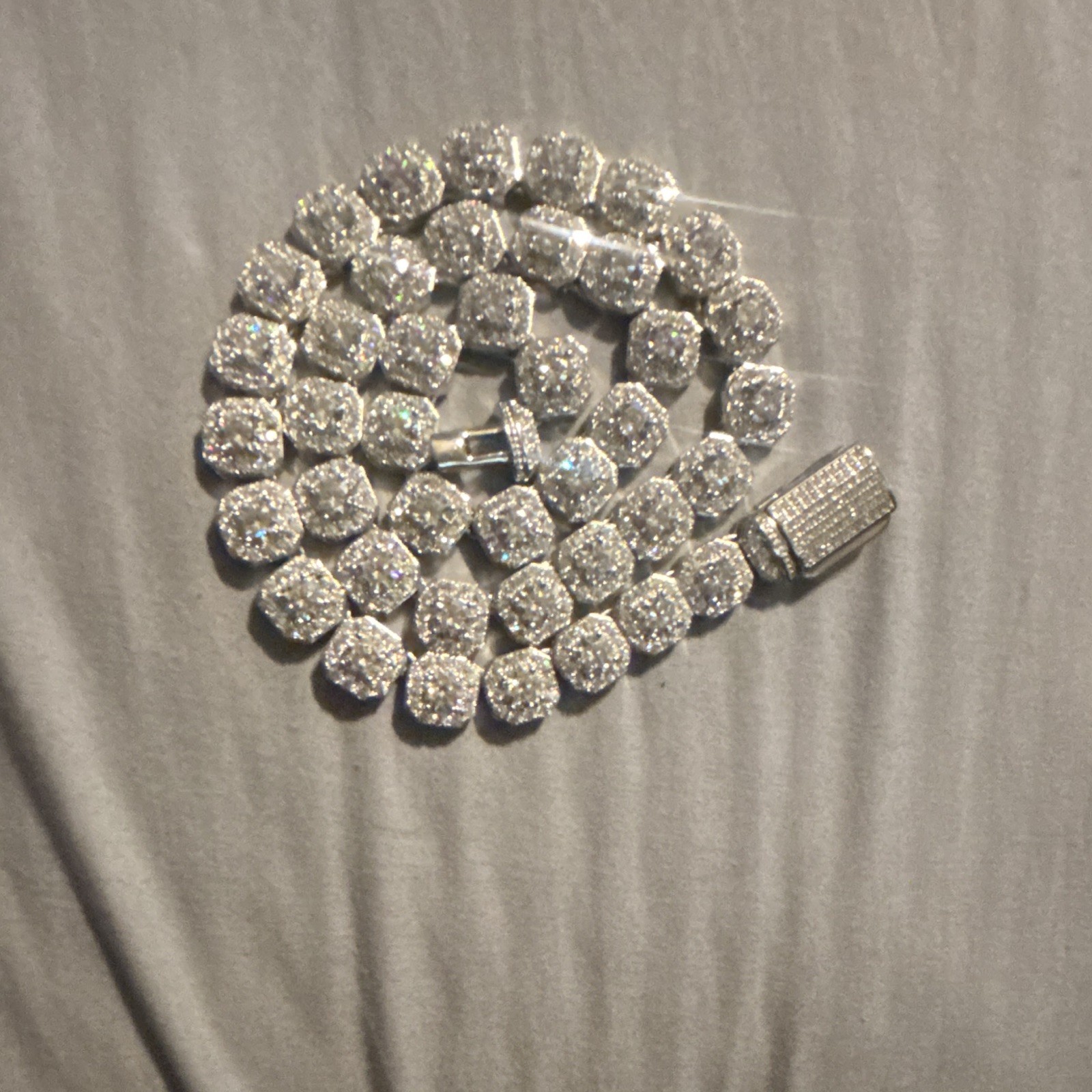 Silver Iced Out Tennis Chain Necklace Cushion Crystal White Box Clasp