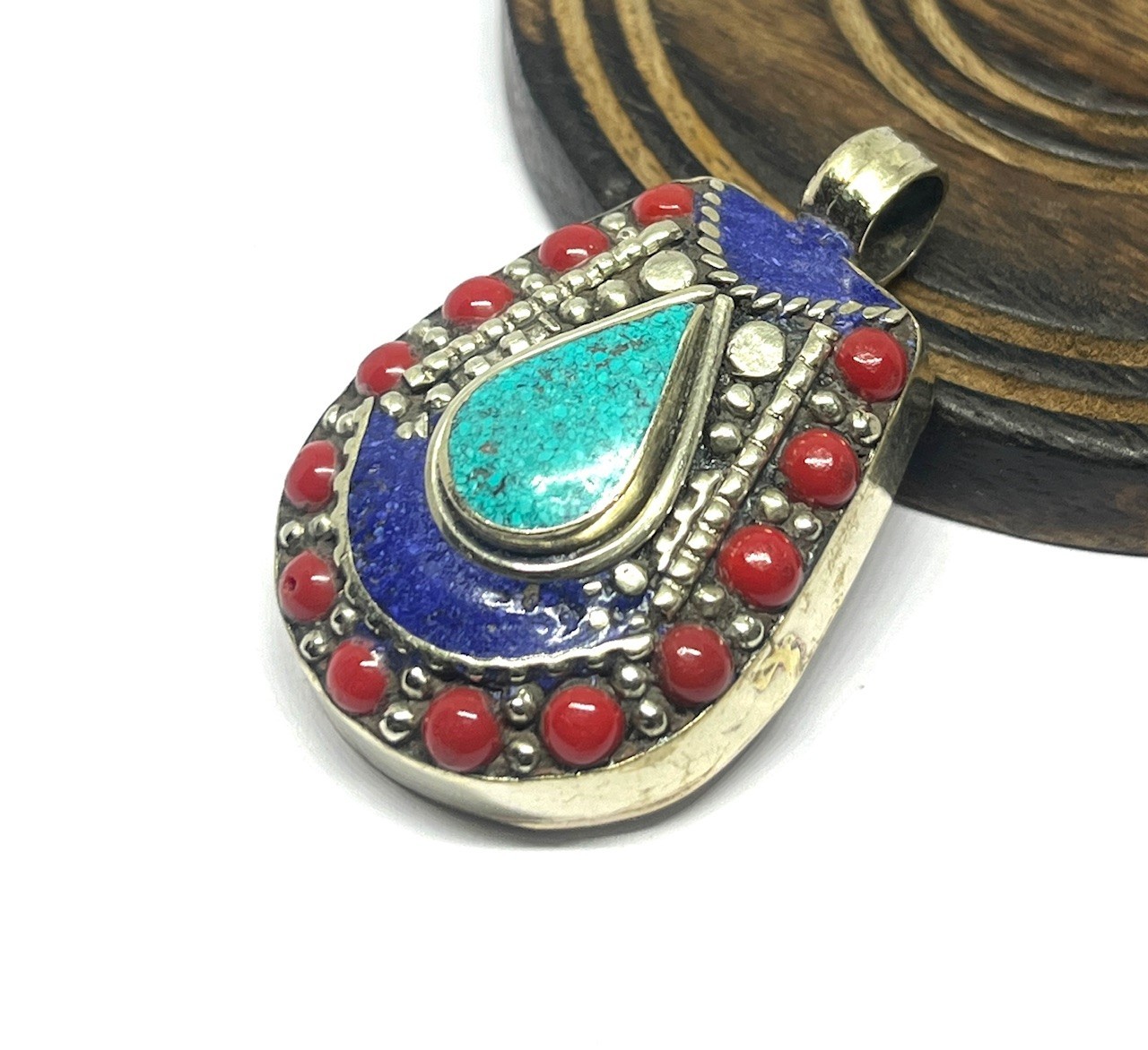 Red Coral, Turquoise Gemstone Tibetan Style Boho Pendant Jewelry, 1.6 inch