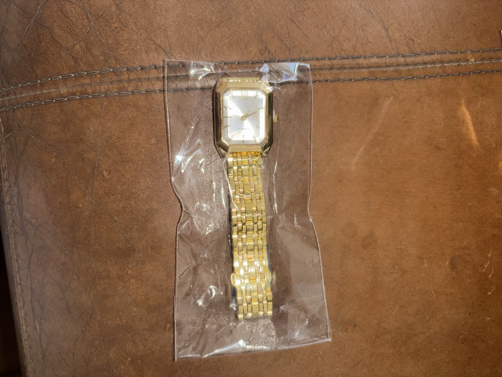 Gold Tone Square Analog Quartz Bracelet Watch White Dial Baton Index Never Worn