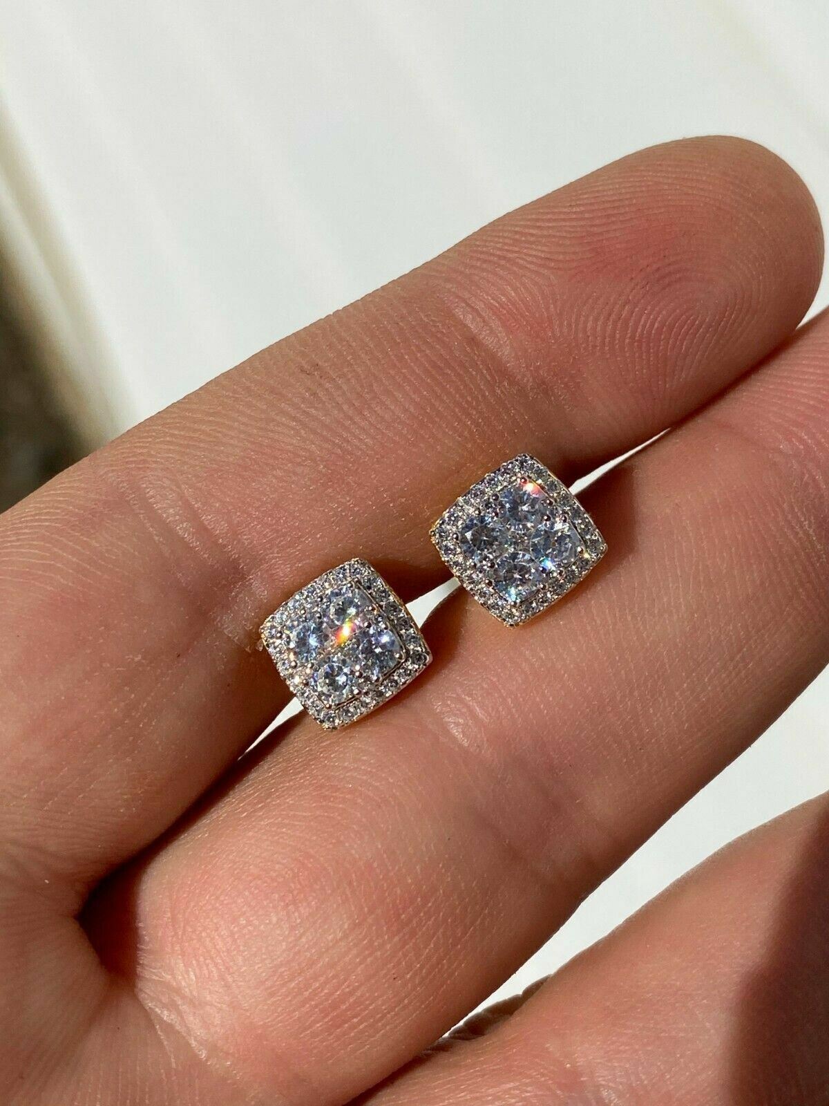 Real Solid 925 Sterling Silver Iced CZ Hip Hop Earrings Studs Square ICY Mens