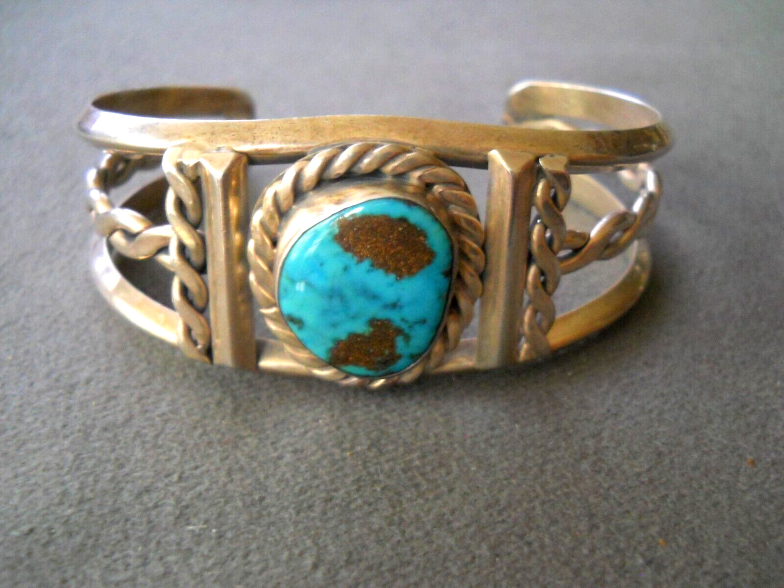 Native American Navajo Rich Blue Turquoise Sterling Silver Rope Cuff Bracelet