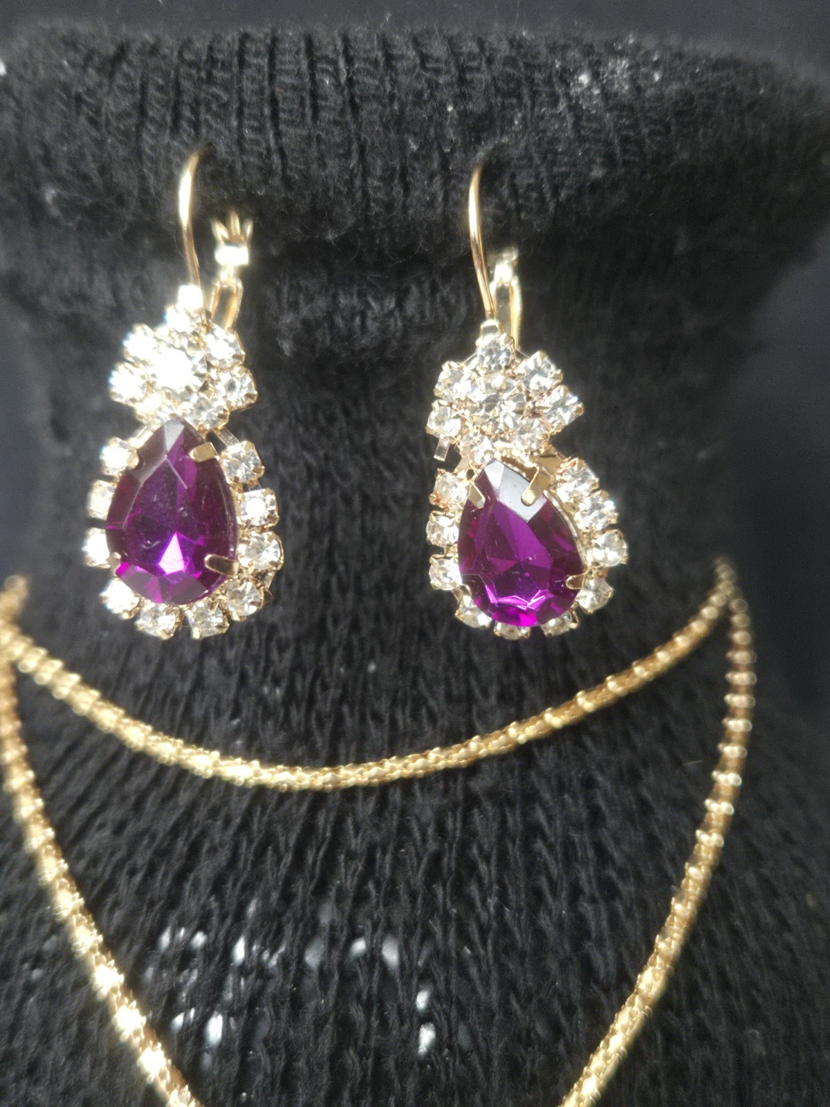 24 Inch Long Gold Tone Purple Pendant Sets Include Necklace Earrings and Ring.