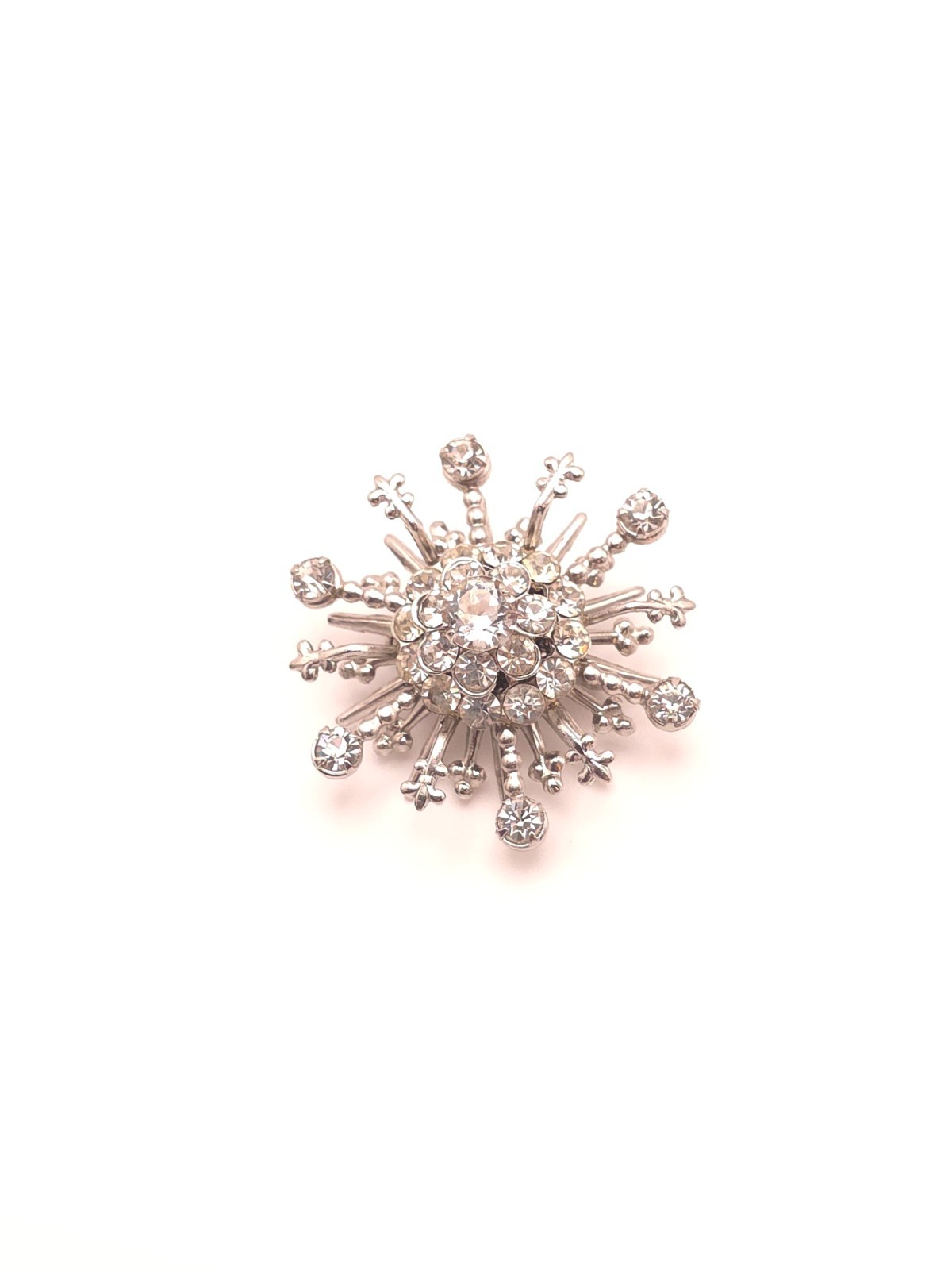 Silver Tone Starburst Celestial Clear Rhinestone Prong Set Brooch Pin