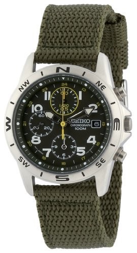 SEIKO SND377R Chronograph Mens Watch Khaki Green Nylon 100M Quartz New Japan Box