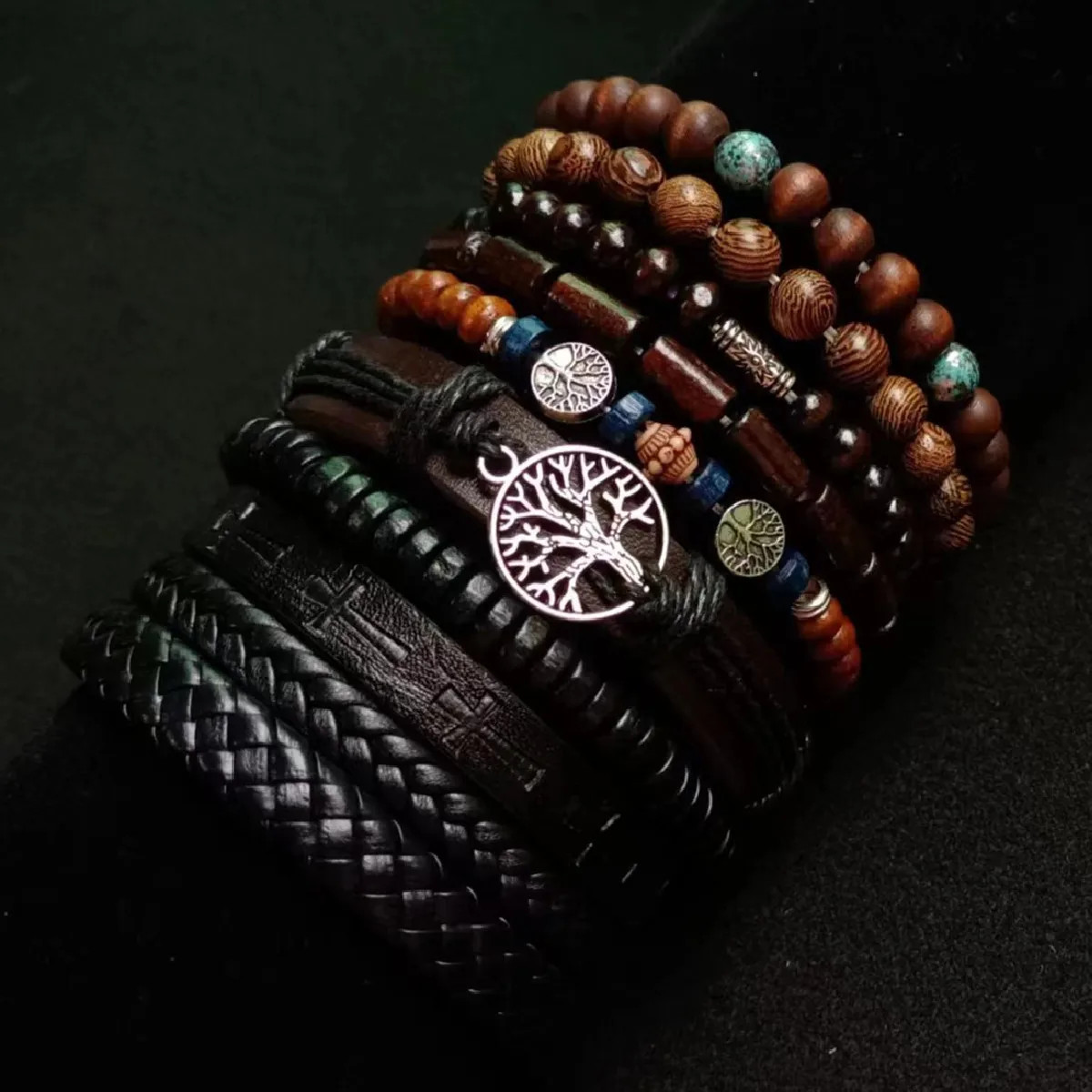 Khaki Tree 10 Pcs/Set Black Wrap Woven Fashion Handmade Men Bracelets Male Women