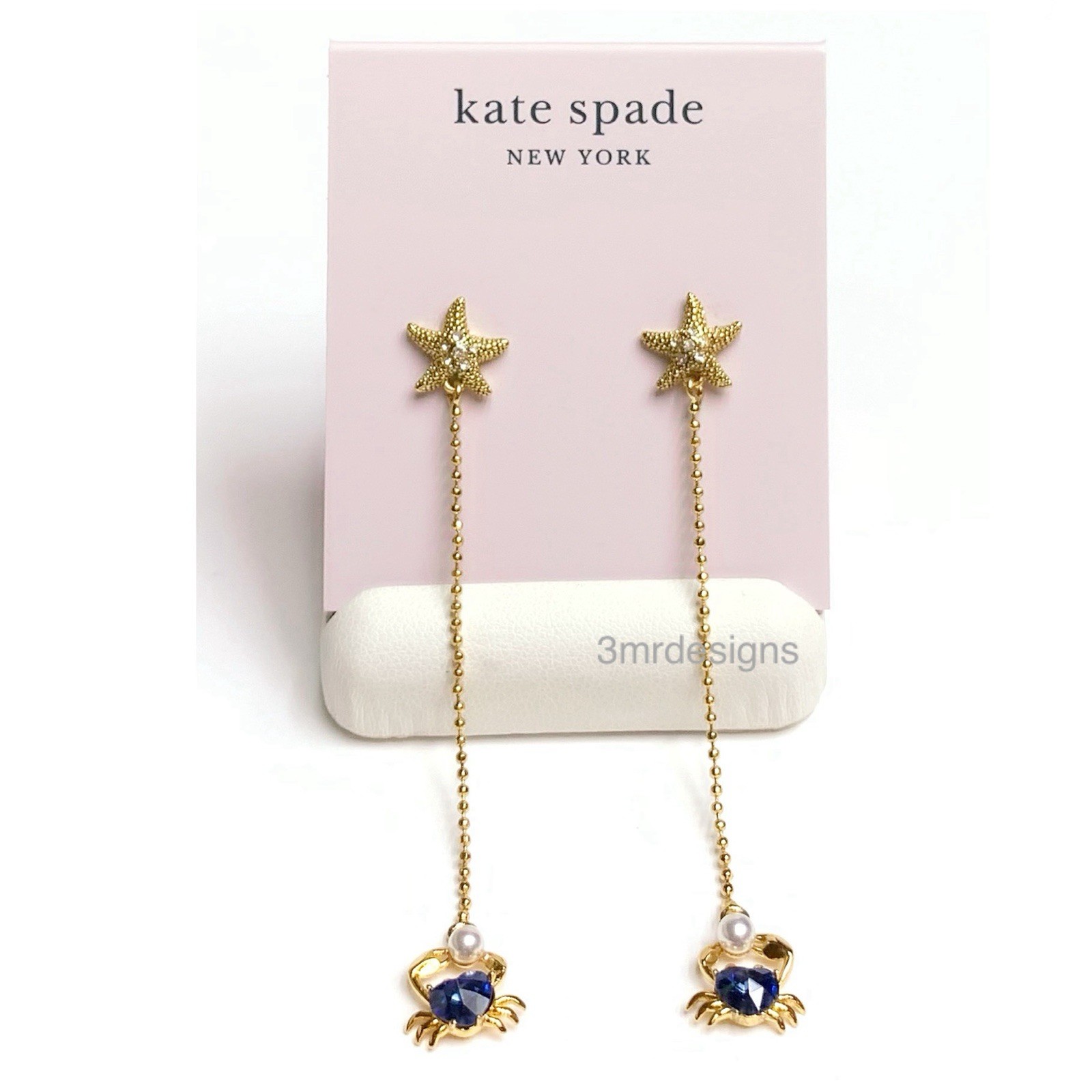 NWT Kate Spade SEA STAR CRAB 12-K Gold Plated CZ Stone/Glass Pearl Drop Earrings