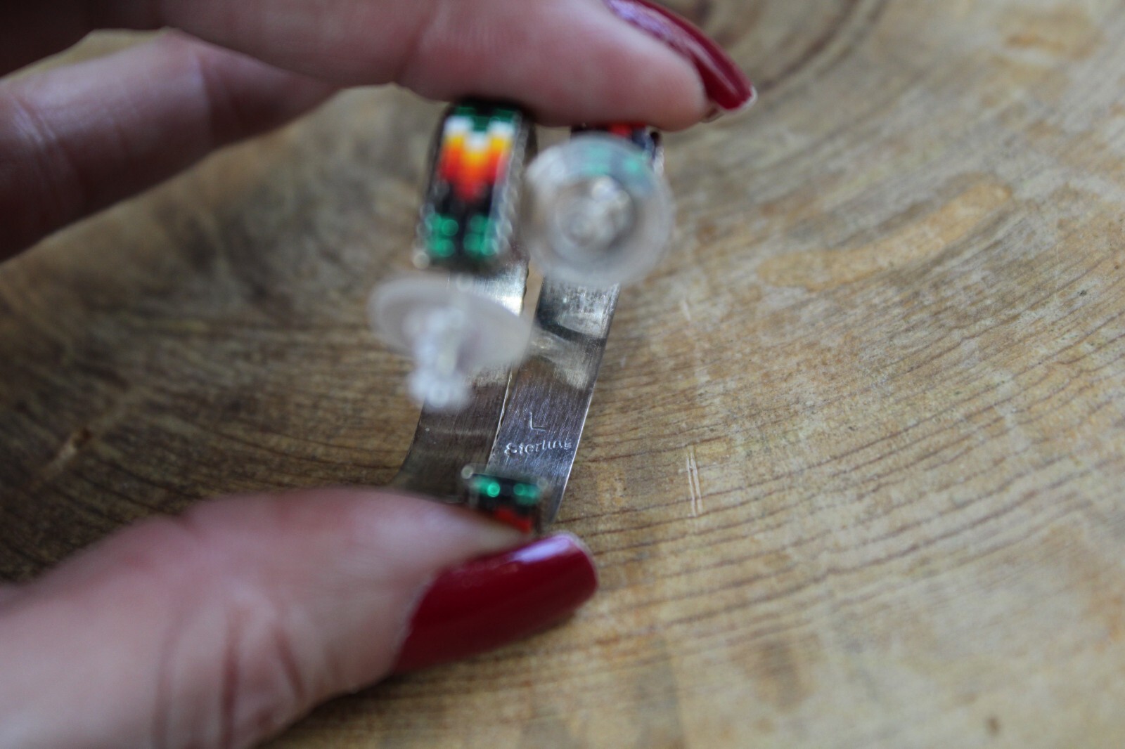 Sterling Silver, Green, Orange, Yellow Seed Beads HOOP Earrings by L Navajo
