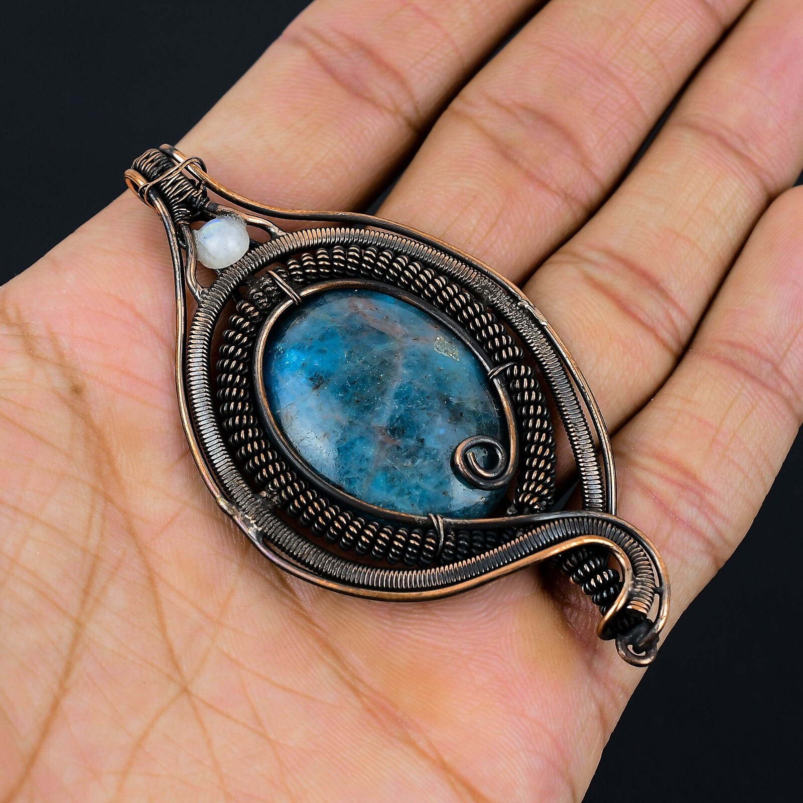 Neon Blue Apatite Handmade Gemstone Copper Wire Wrapped Jewelry Pendant