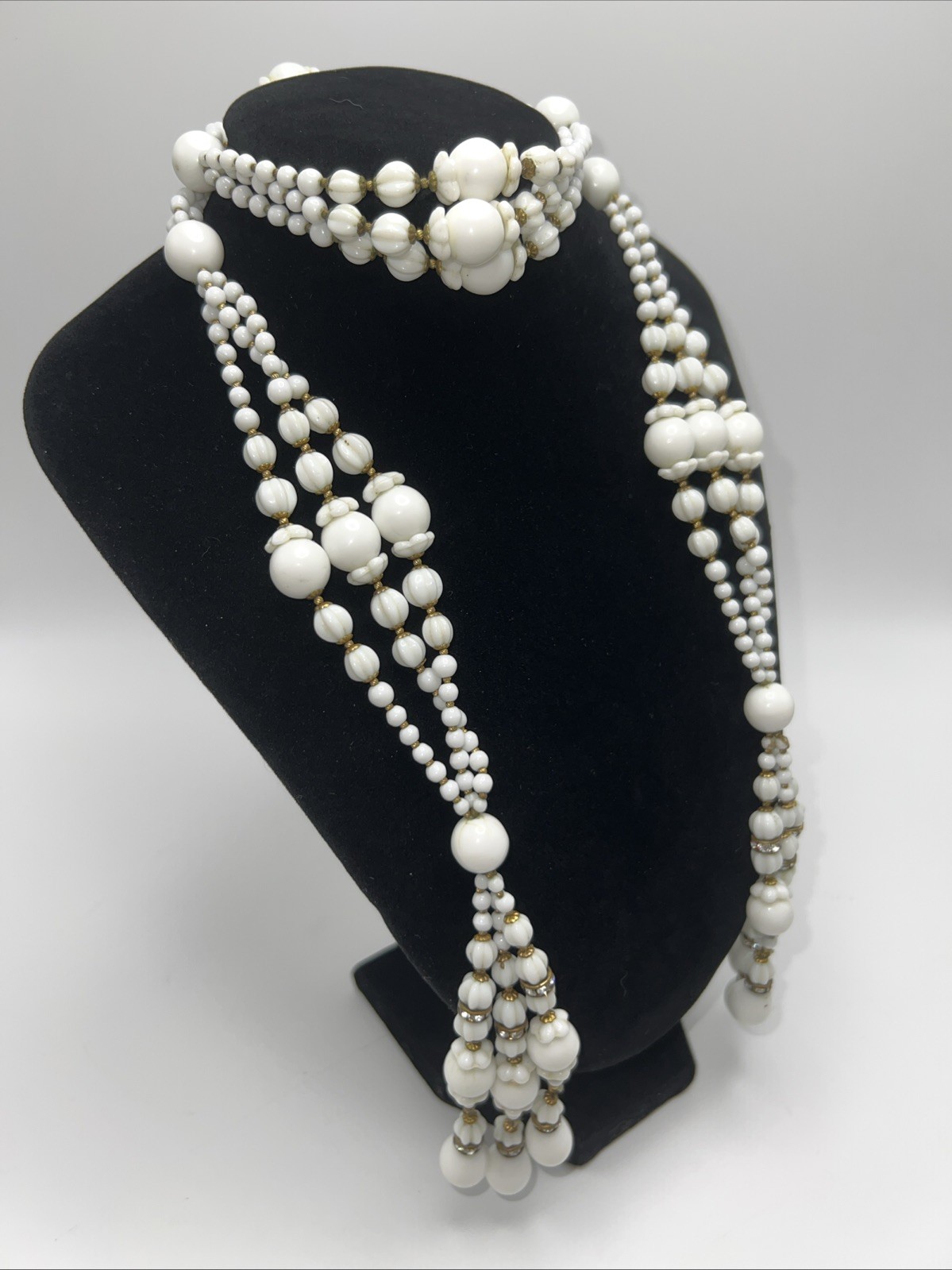 1930s 40s Milk Glass Lariat Necklace Rhinestone Multi Strand Art Deco 34”
