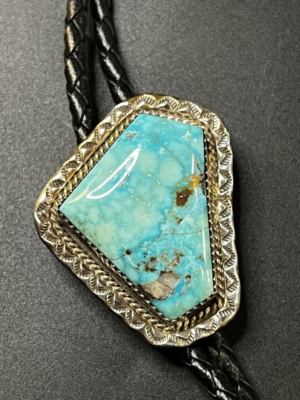 Vintage Southwestern Turquoise Bolo Tie Sterling Tips 32in Braided Leather
