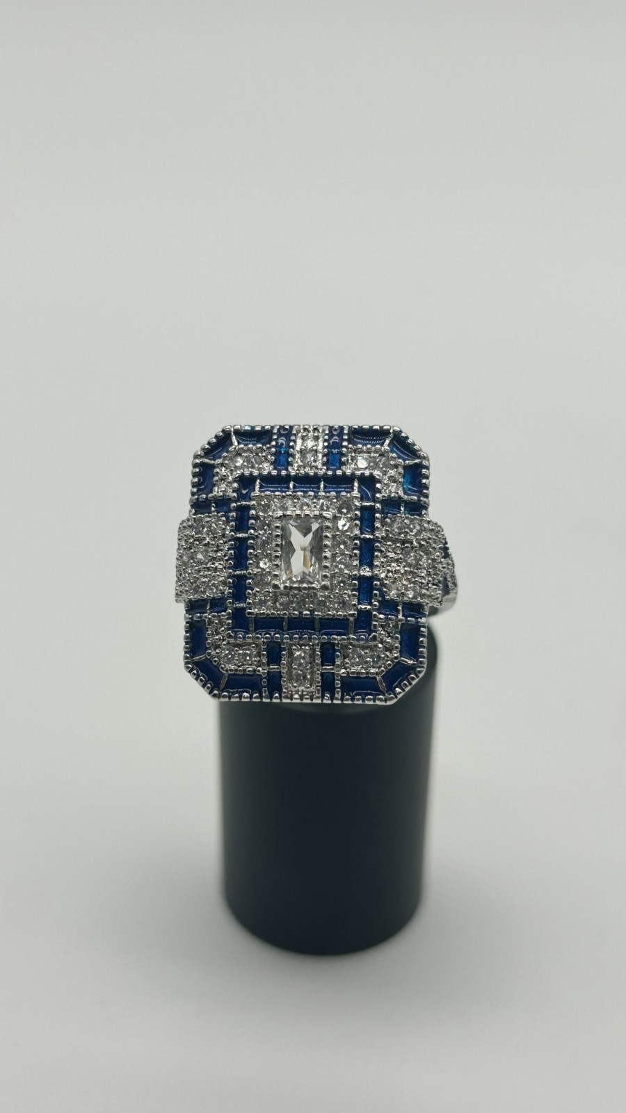 ✨ Silver Tone Art Deco Style Cocktail Ring – Sapphire Blue & Clear CZ – Size 7 –