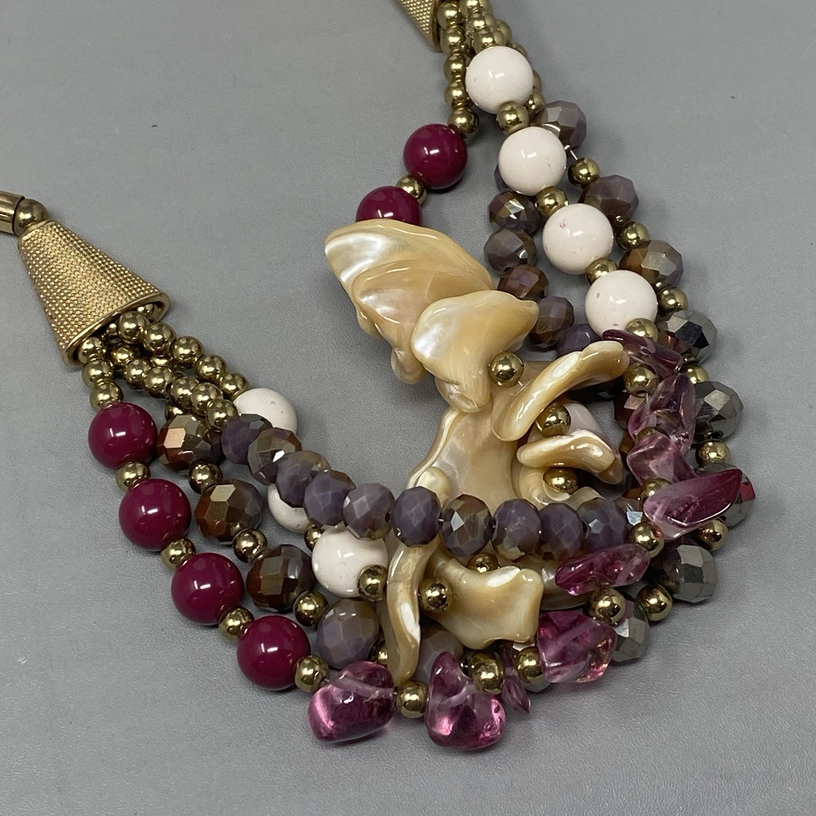 Chunky Statement Layered Necklace Mauve Purple Glass Shell Acrylic Gold Tone 21″