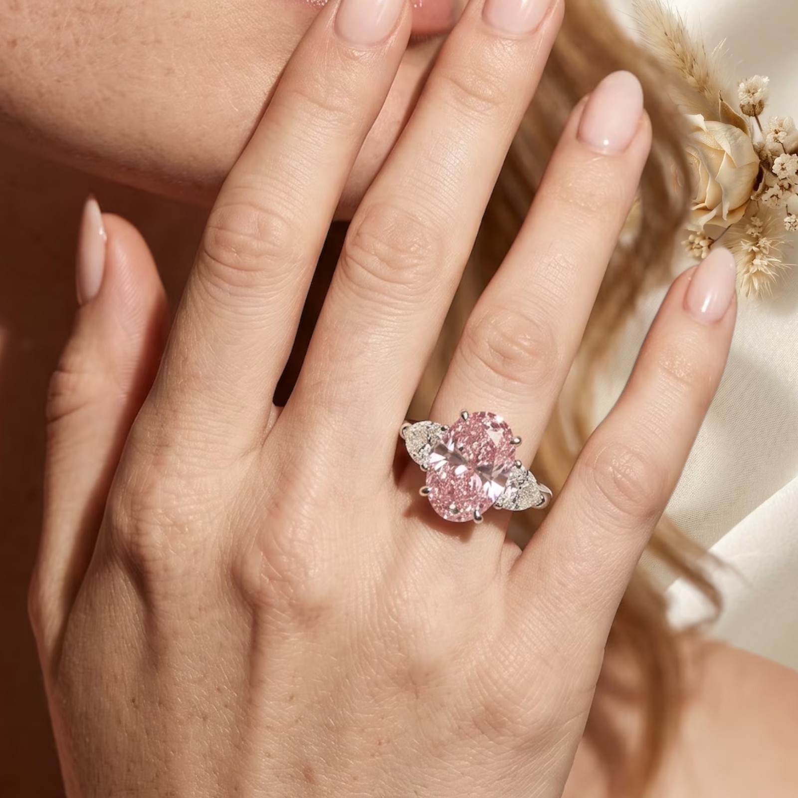 IGI Lab Created Diamond Ring Fancy Intense Pink 950 Platinum 3.80 Carat Oval Cut