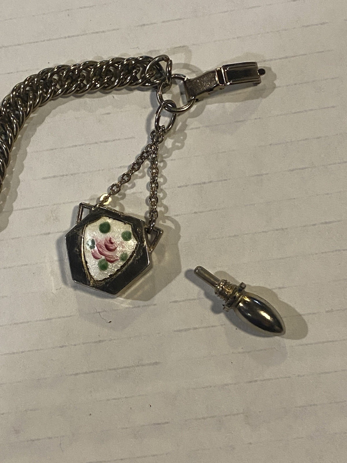 Vintage Perfume Flask Charm Bracelet With Enamel Rose Gold Tone ~1950’s