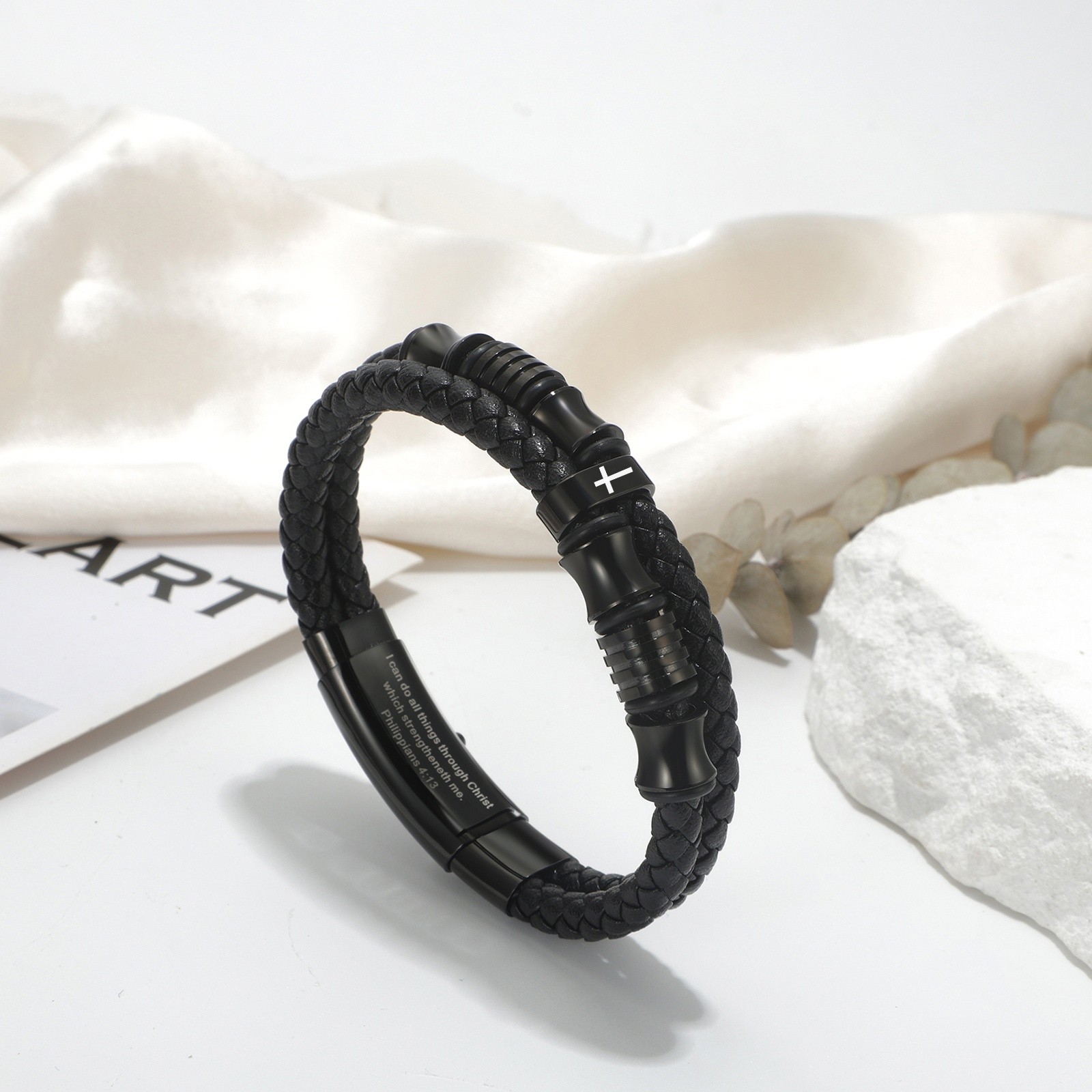 Men’s Inspirational Bible Verse Cross PU Leather Bracelet Braided Christian Cuff