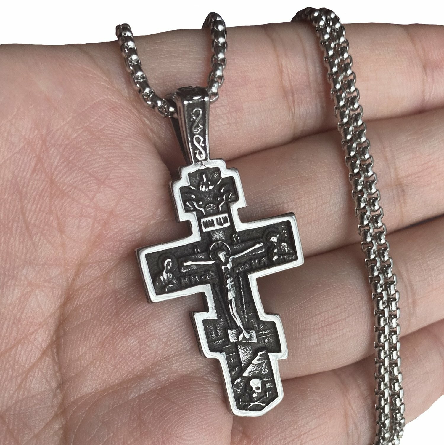 MENDEL Mens Russian Orthodox Crucifix Cross Pendant Necklace Stainless Steel Men