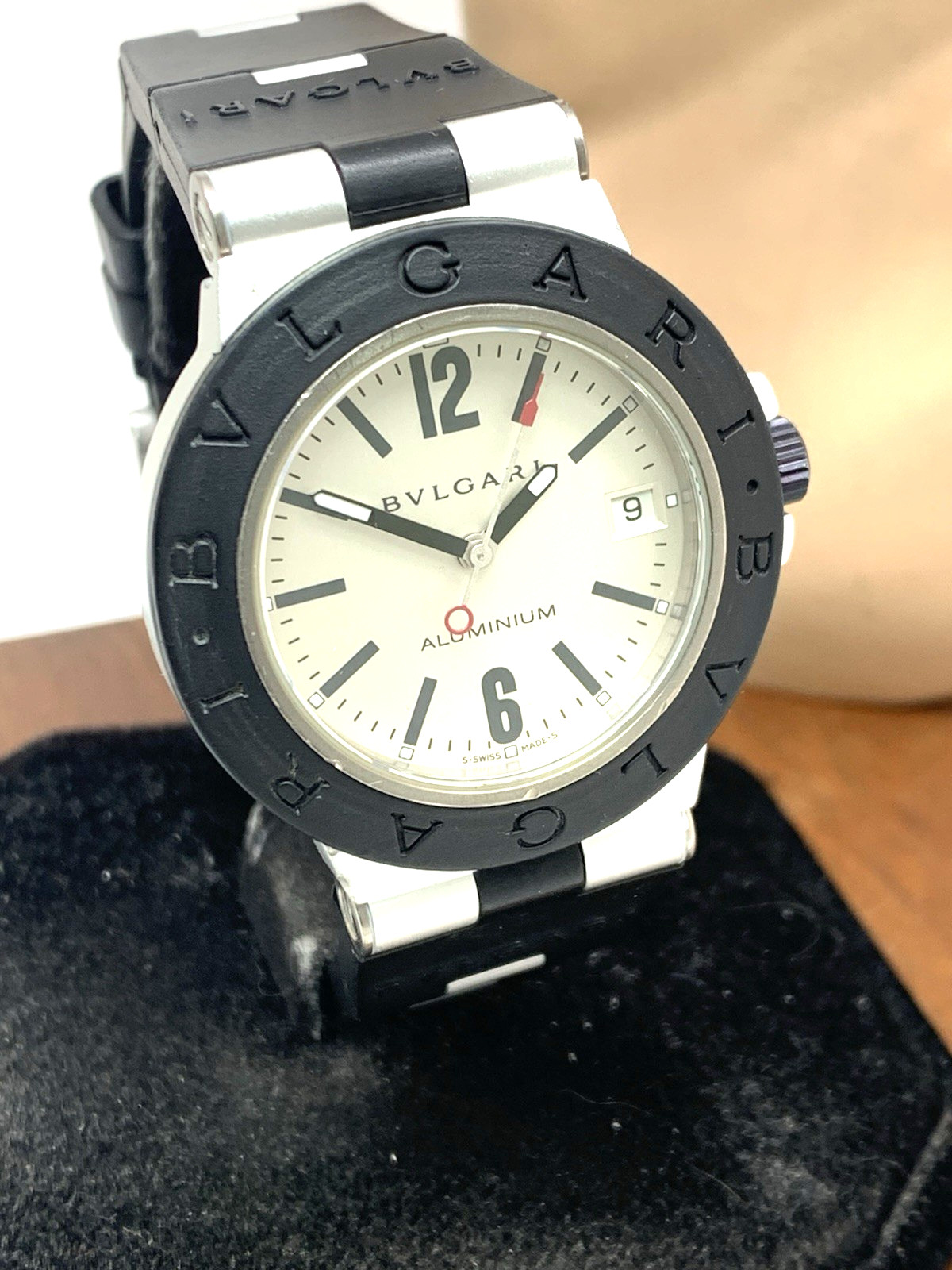 Bvlgari Men’s Watch AL38A Aluminum Swiss Automatic Silver Dial Black Rubber 38mm