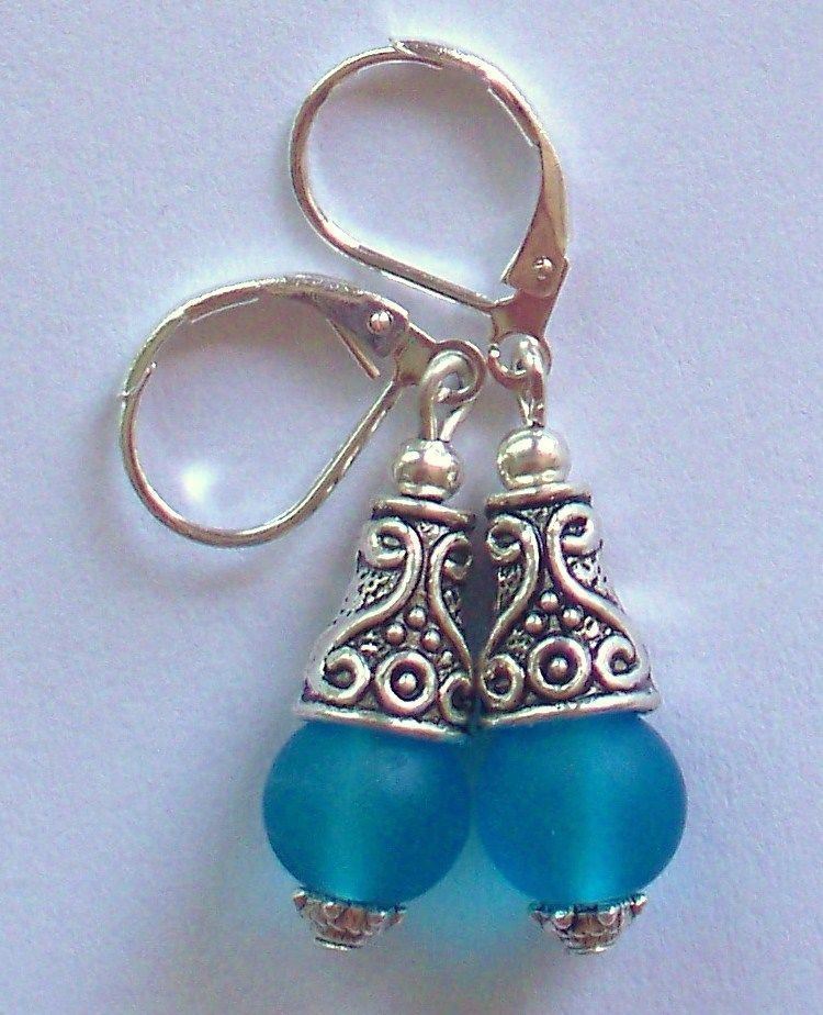 cerulean blue BEACH FROSTED GLASS drop earring SP HANDCRAFTED XX