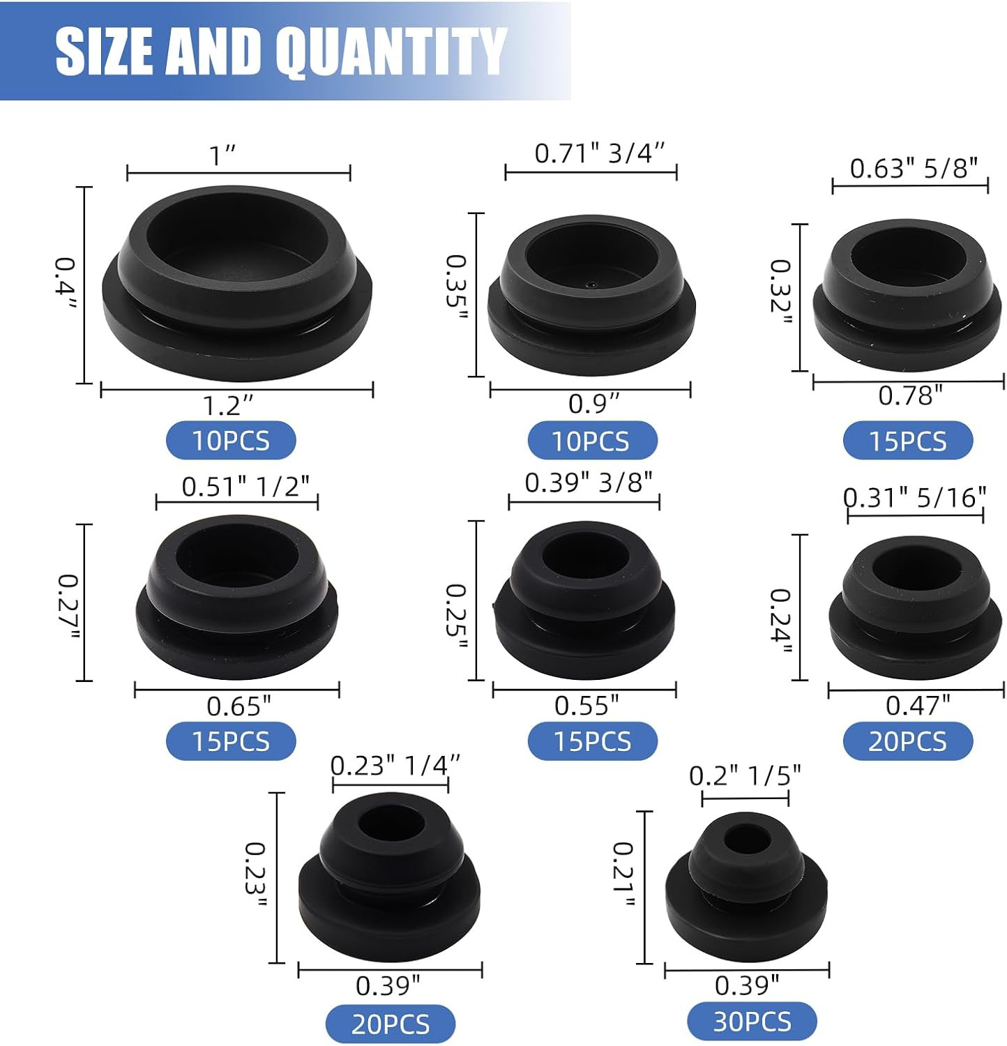 135Pcs Black Rubber Plug Box, 8 Sizes Rubber Plugs for Round Holes, 1″ 3/4″ 5/8″