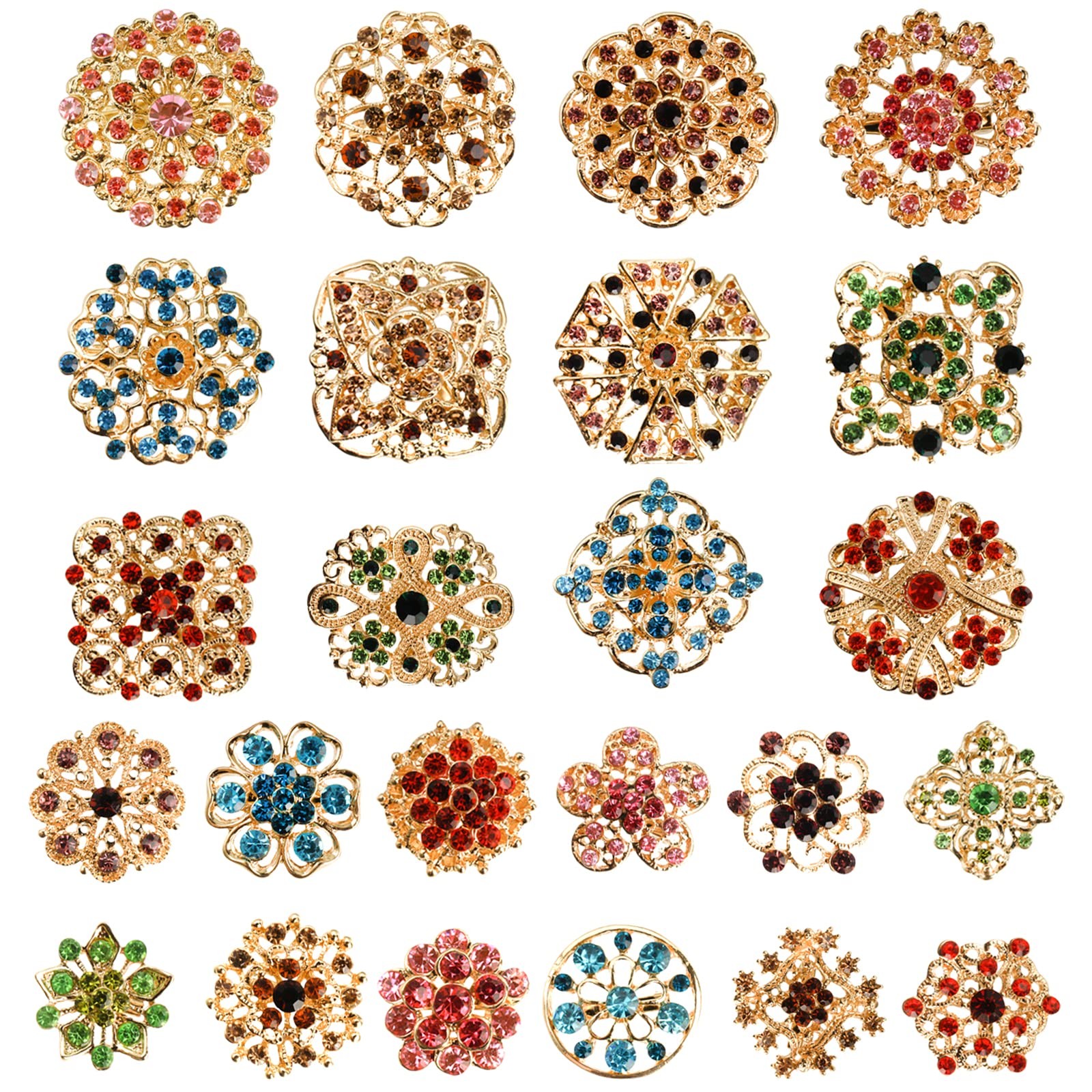 24pcs Lot Rhinestone Flower Brooches Pin Set antique gold
