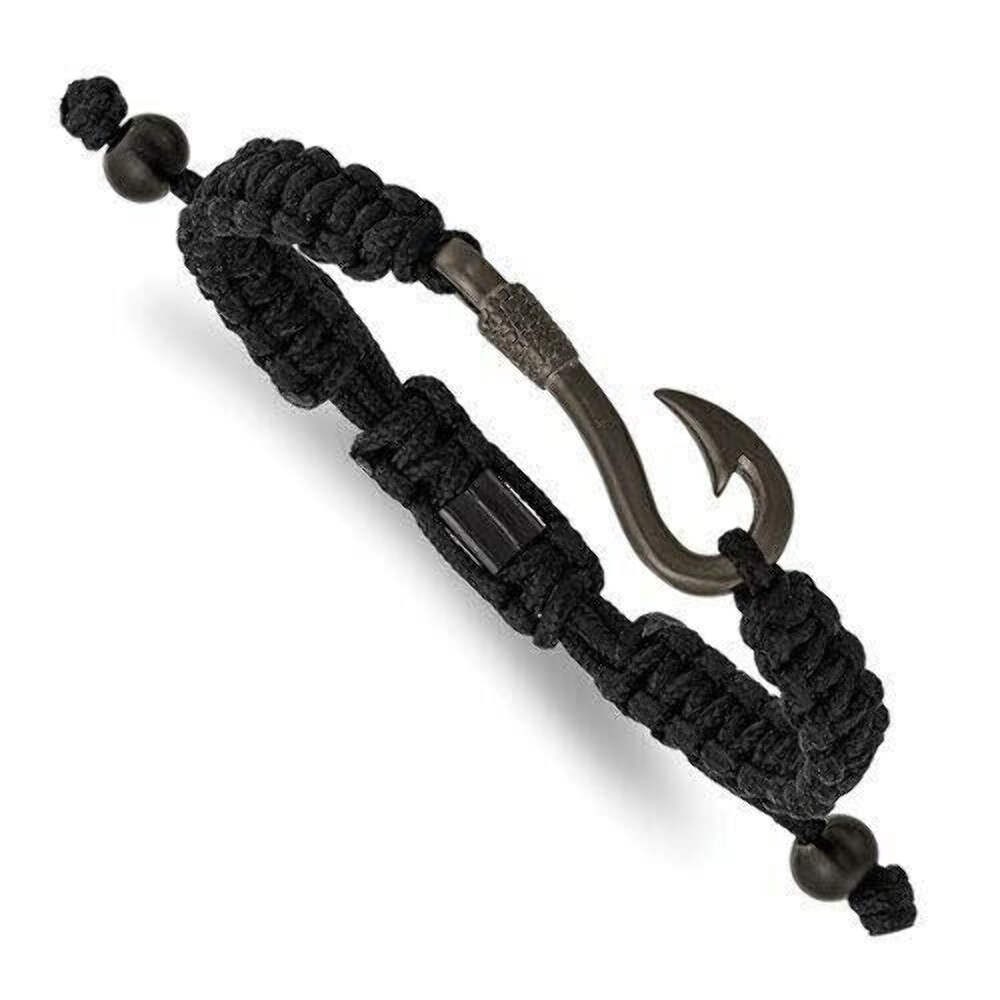 Stainless Steel Gunmetal IP-Plated Fishing Hook Black Nylon Adjustable Bracelet