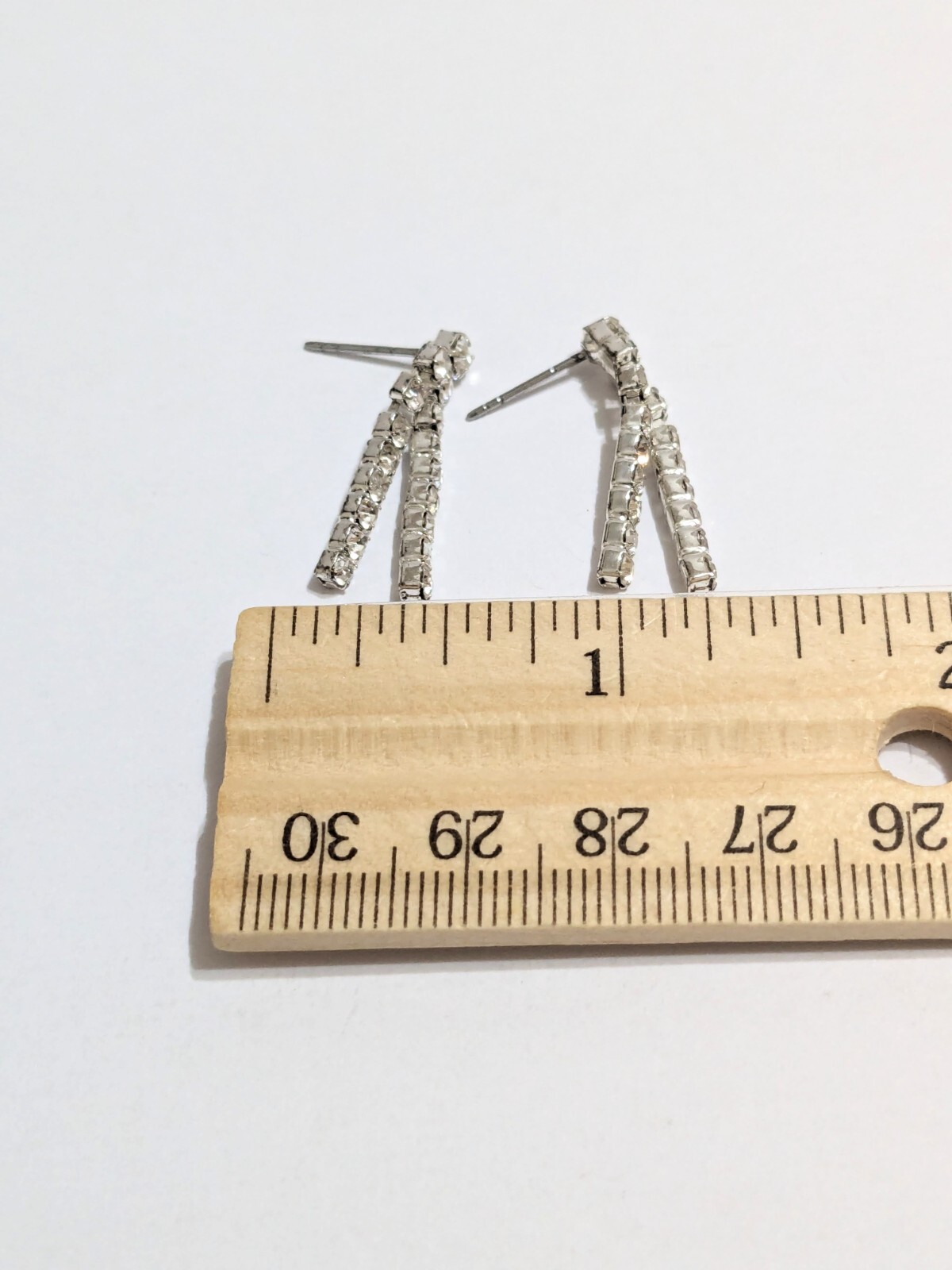 Silver Tone Layered Prong Set Rhinestone Stud/Drop Earrings. 1″. Modern.