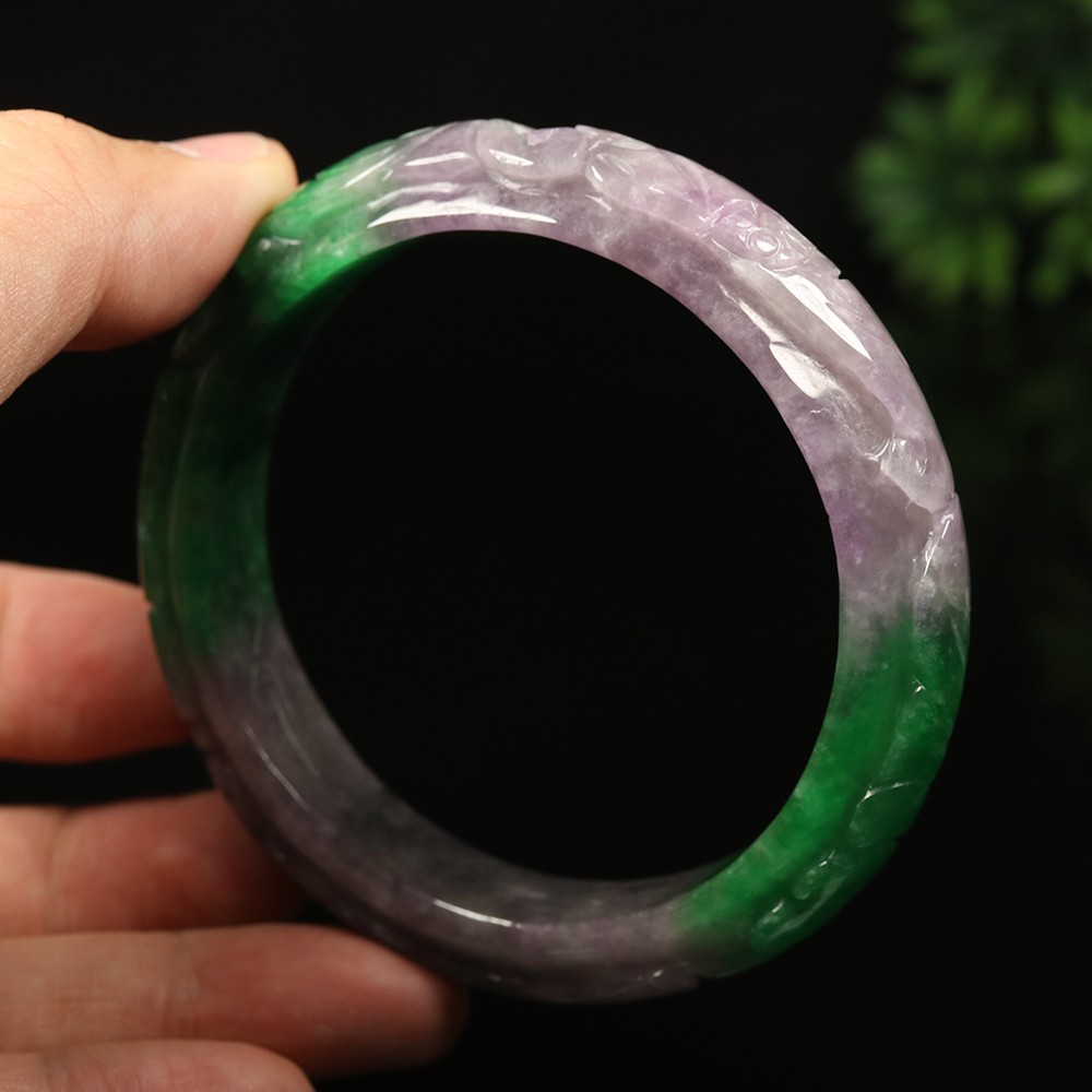 64mm Lavender Purple Green Jadeite Jade Bangle Bracelet Bat Ruyi Fish A-14801