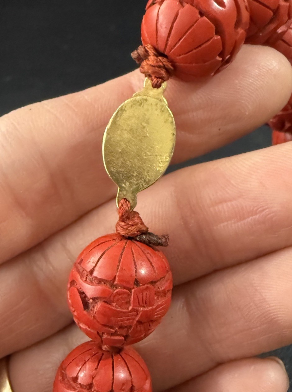 Vintage Chinese Export 24″ Necklace Hand Carved Red Cinnabar Lacquer Beads H12